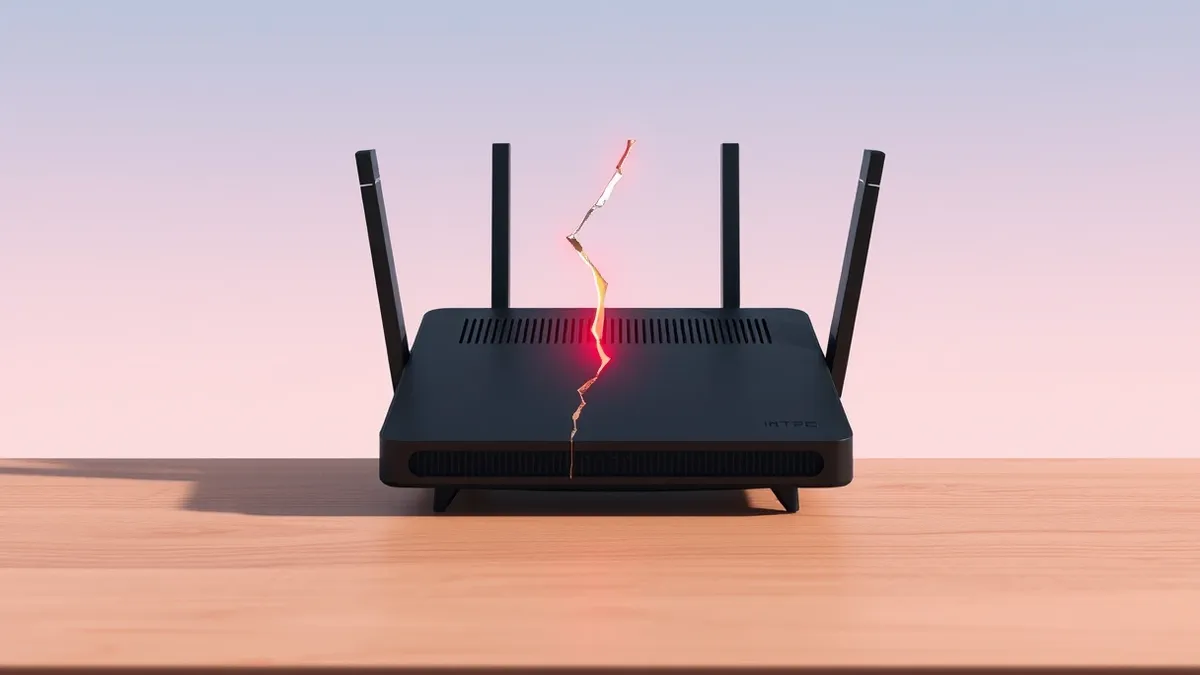 Illustration: A black desktop security router sits on a wooden desk with its ventilation grille facing forward.