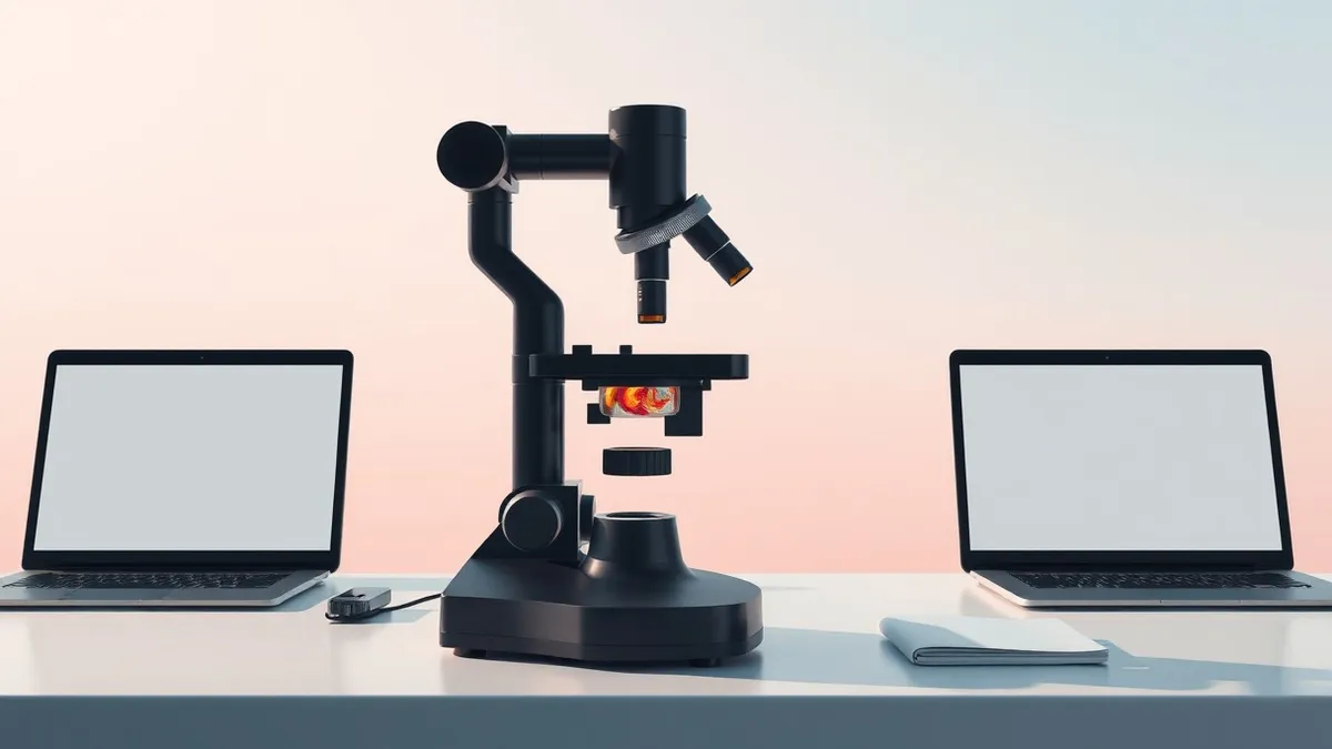 Illustration: A black microscope sits on a white laboratory table with its eyepiece angled toward the viewer.