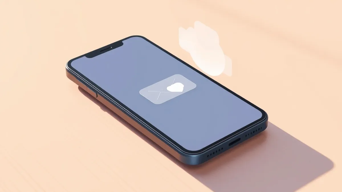 Illustration: A smartphone rests on a wooden desk, its screen displaying a simplified messaging interface with a single incoming bubble that appears blurred and blocked by a transl
