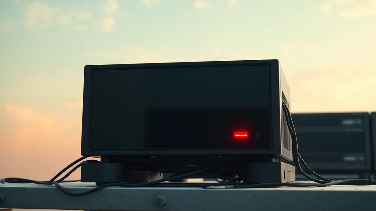 Illustration: A sleek black network appliance sits on a dusty server shelf, its blank front panel reflecting cold light.