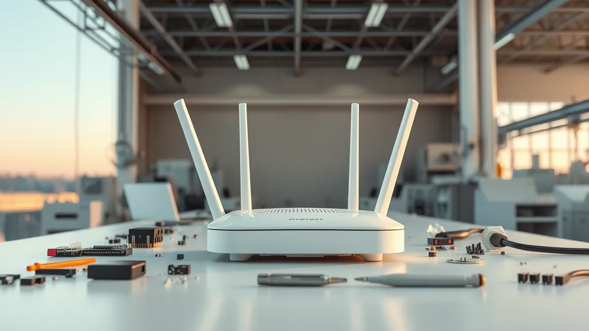 Illustration: A sleek white wireless router sits centered on a clean factory workbench, surrounded by scattered electronic components and a precision screwdriver.