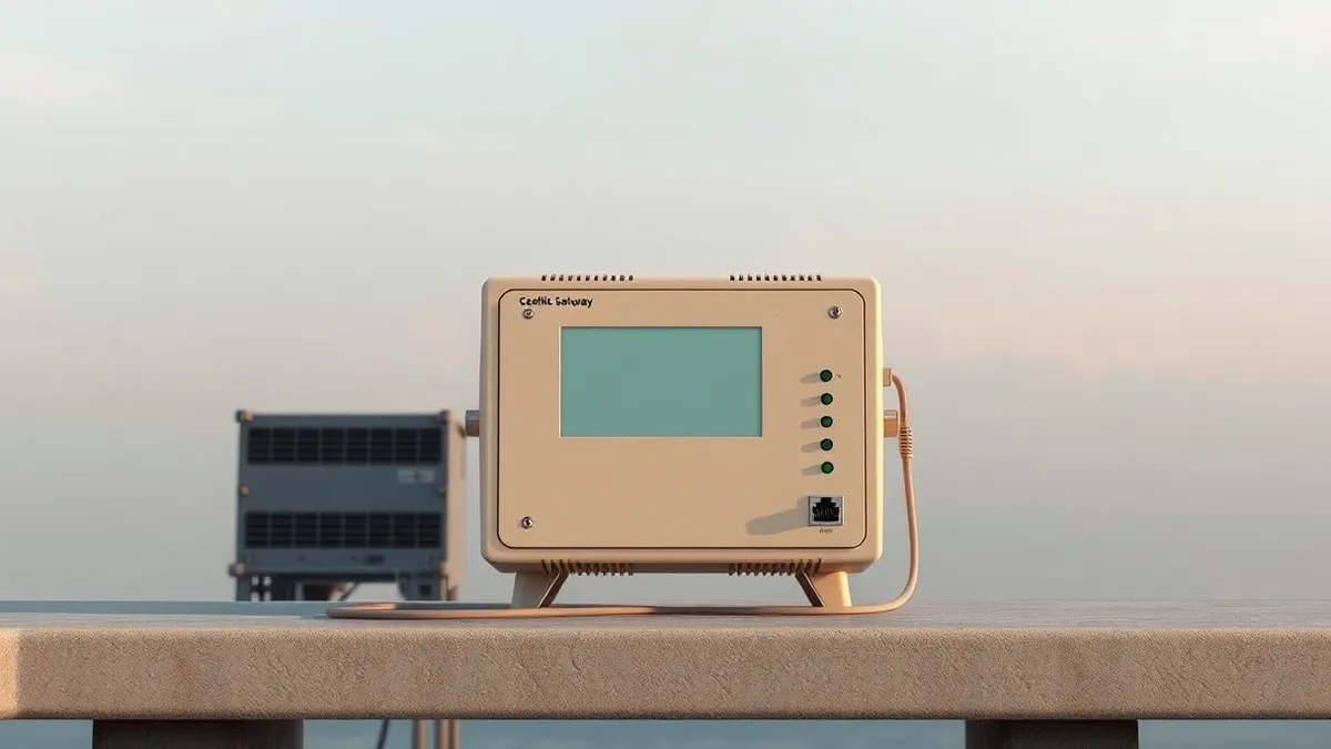 Illustration: A small beige industrial cellular gateway sits on a concrete workbench.