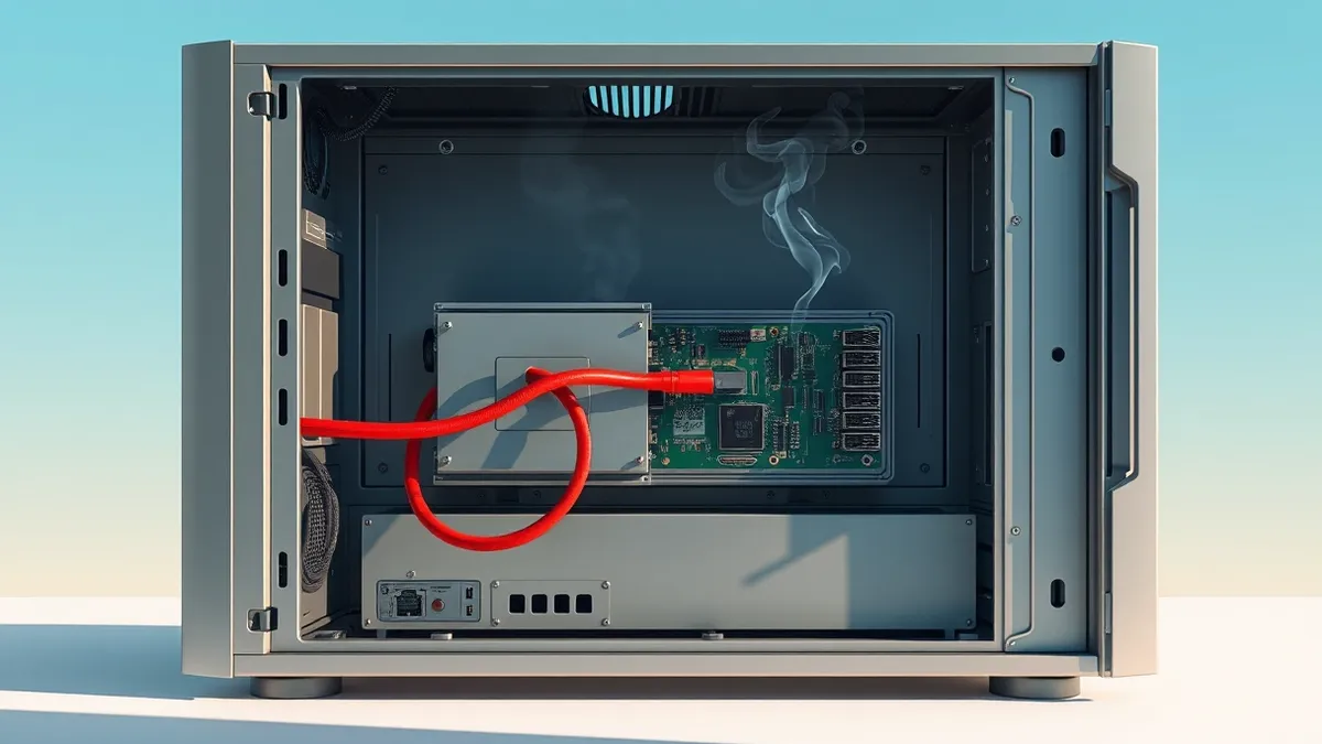 Illustration: A sleek server blade sits inside an open chassis, its rear ports exposed to view.
