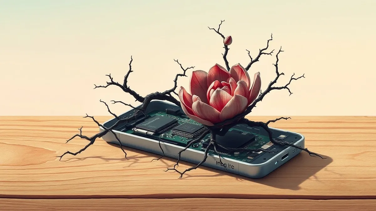 Illustration: A cracked plastic case of a budget smartphone lies open on a wooden table, revealing its internal circuit board.