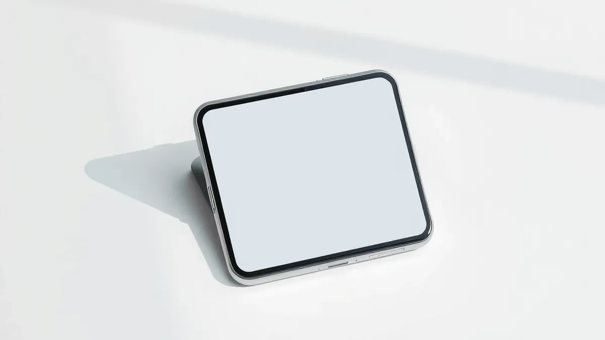 Illustration: A folded smartphone rests on a clean white desk, its hinge slightly open to reveal a blank inner screen.