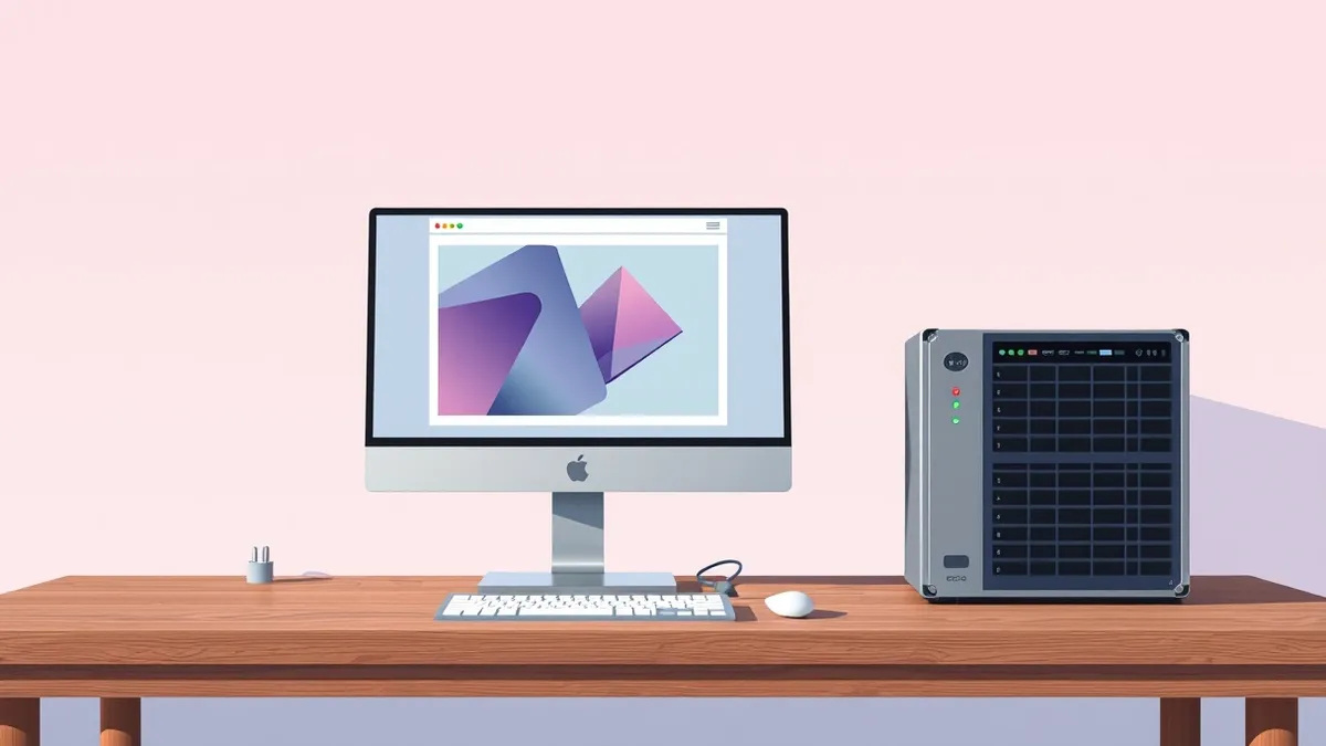 Illustration: A sleek desktop computer sits on a clean wooden desk, displaying a browser window with abstract geometric shapes on the screen.