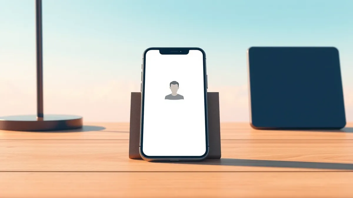 Illustration: A single smartphone rests on a sleek wooden desk, its screen displaying a blank messaging interface with a generic contact avatar.