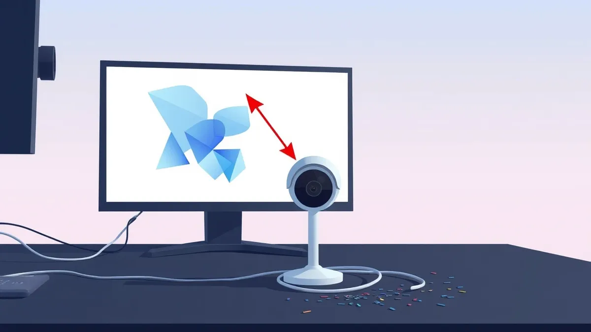 Illustration: A white network camera sits on a dark desk, pointing toward a blank monitor displaying abstract blue shapes.