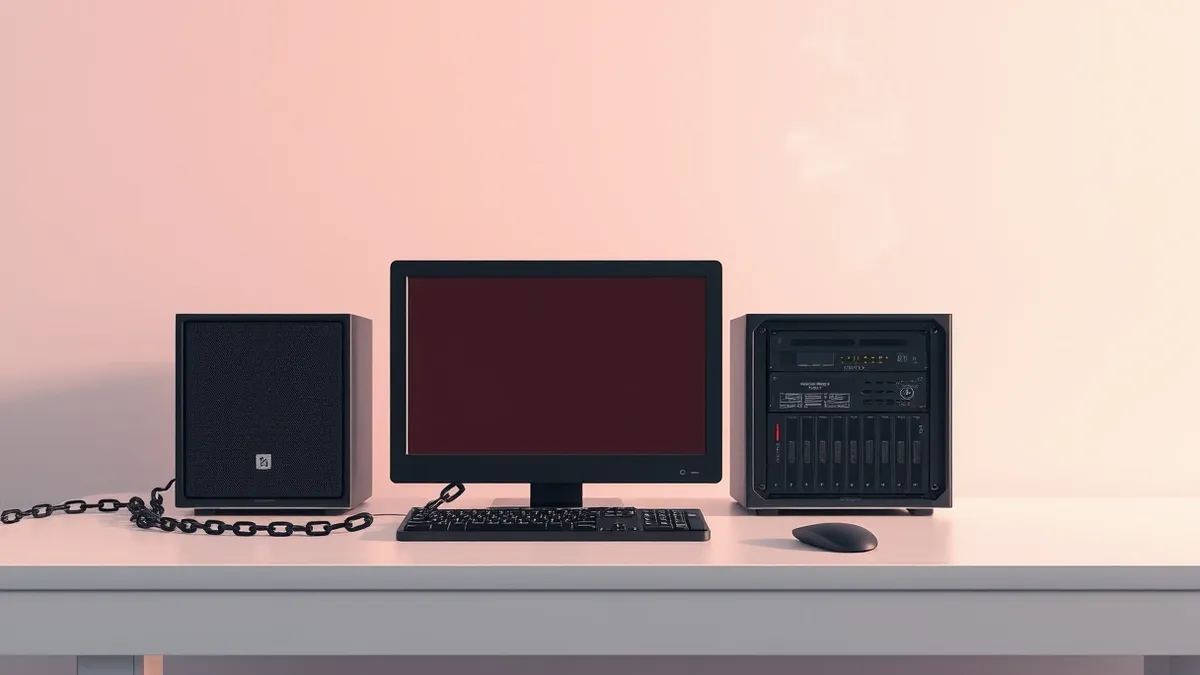 Illustration: A single server terminal sits isolated on a sterile desk, its blank monitor displaying abstract red warning icons.
