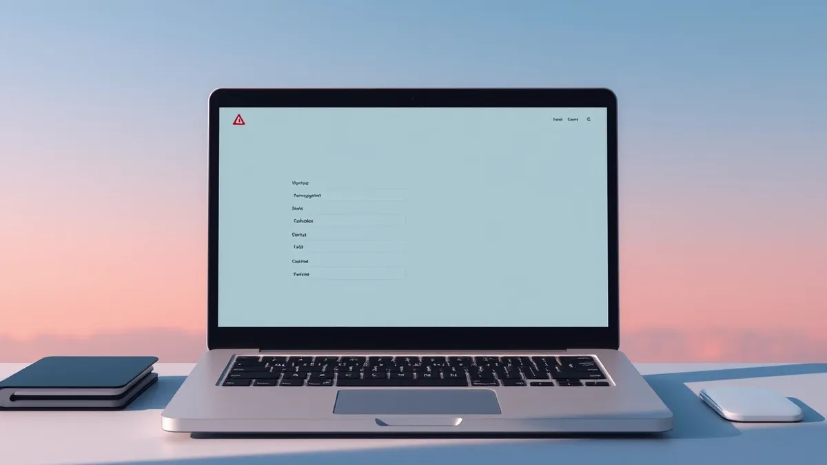 Illustration: An open laptop sits on a desk, displaying a blank service management interface with empty input fields.