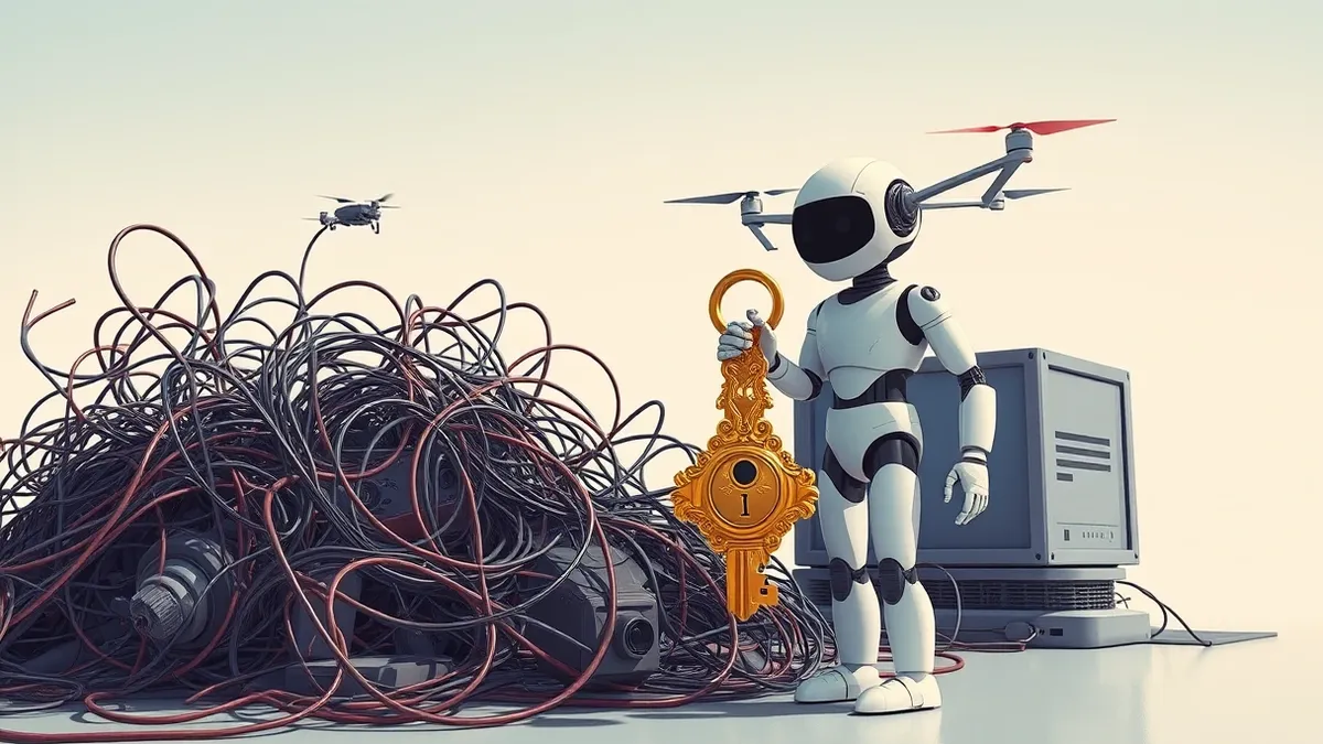 Illustration: A sleek white robot stands beside a chaotic tangle of tangled wires and loose cables.