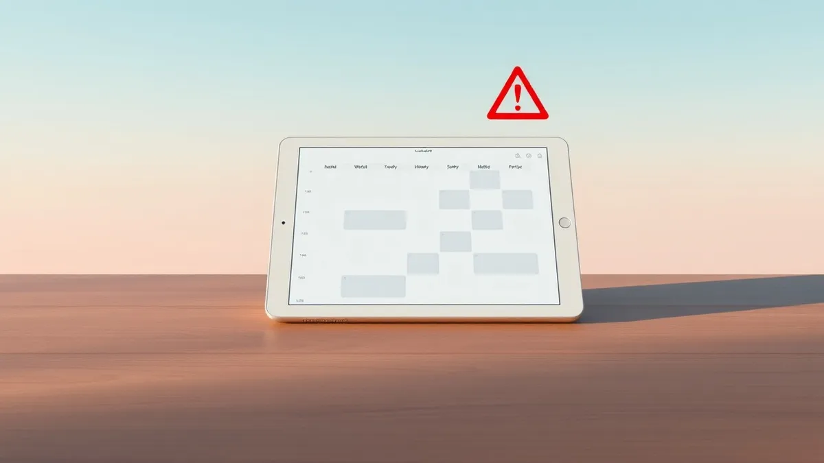 Illustration: A sleek white tablet rests on a polished wooden desk, its screen displaying a blank calendar interface with abstract grey appointment blocks.