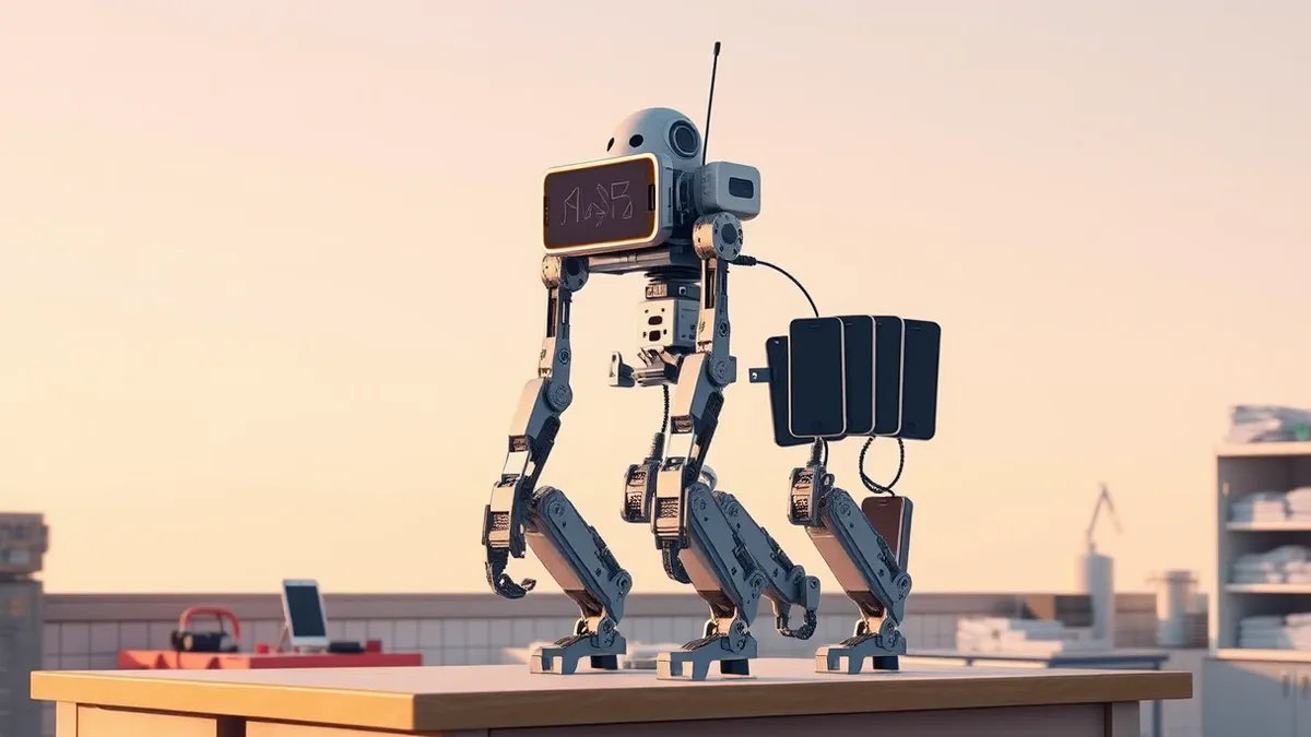 Illustration: A humanoid robot constructed from a metal frame stands on a workbench, its body studded with several recycled smartphones.