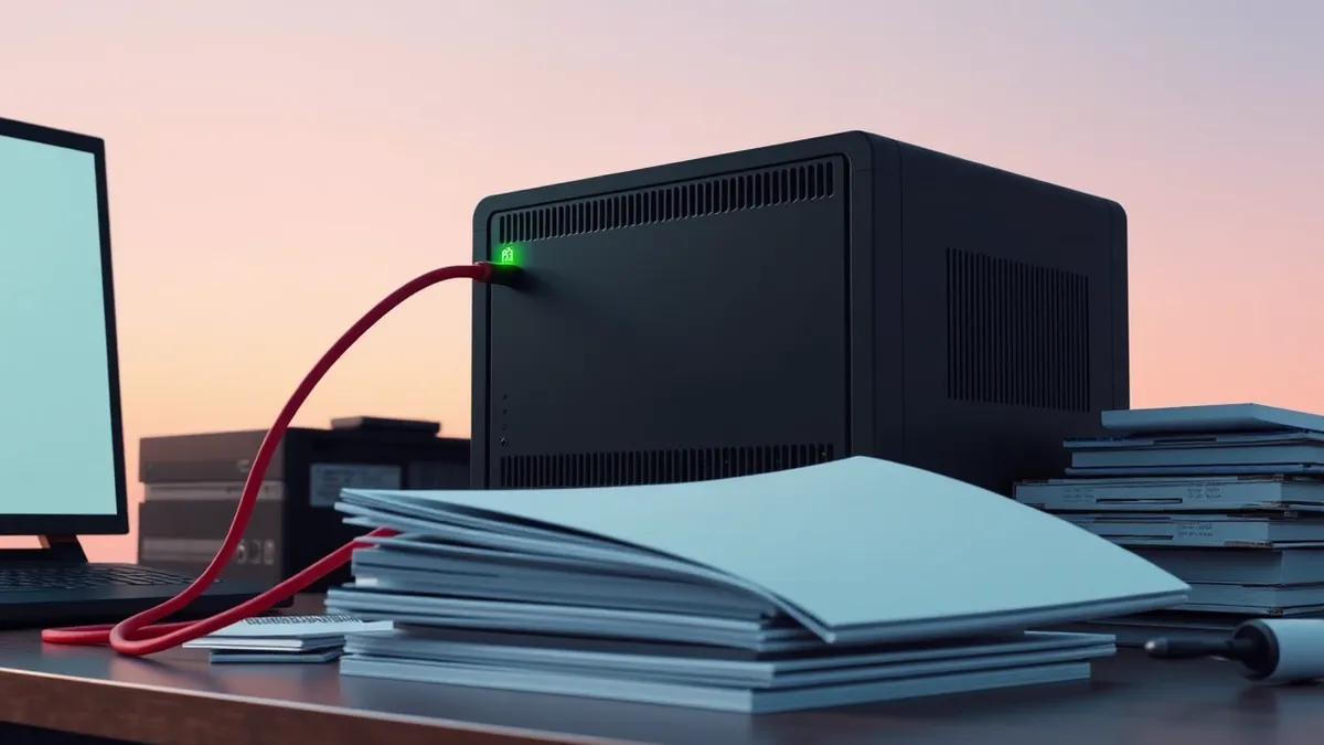 Illustration: A sleek black network security appliance sits on a cluttered office desk with its single green status light blinking steadily.