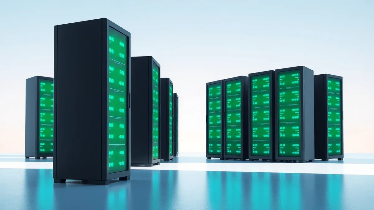 Illustration: A row of identical black server towers stands in a cool room with their front panels glowing green.