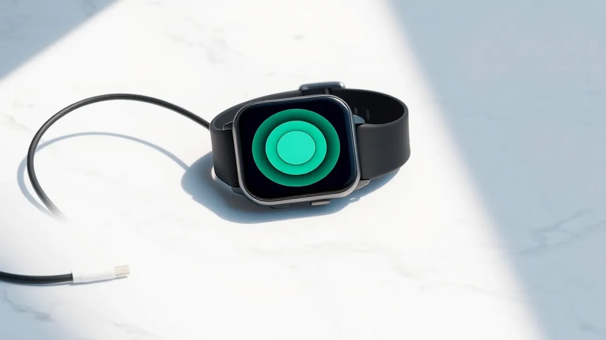 Illustration: A black smartwatch rests on a white marble surface next to a coiled charging cable.