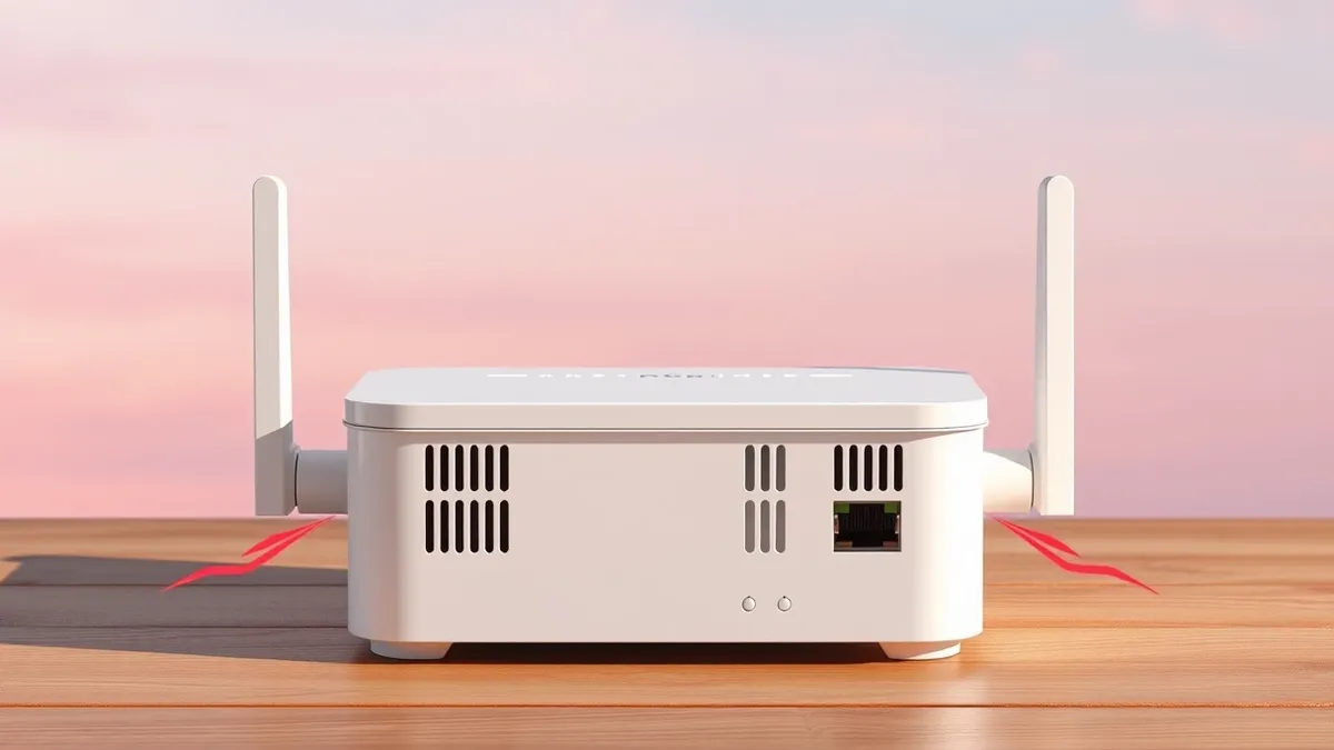 Illustration: A white wireless router sits on a wooden table with its ventilation grilles exposed.