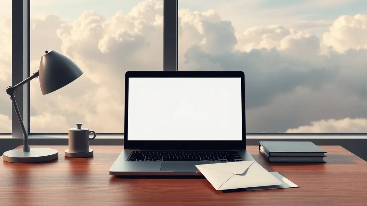 Illustration: A small office desk sits beside a window showing storm clouds gathering outside.
