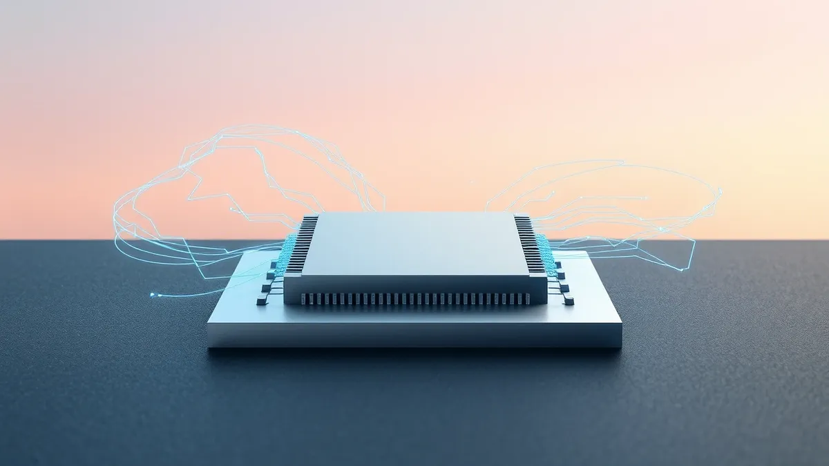 Illustration: A sleek, silver AI processor chip rests on a dark surface.