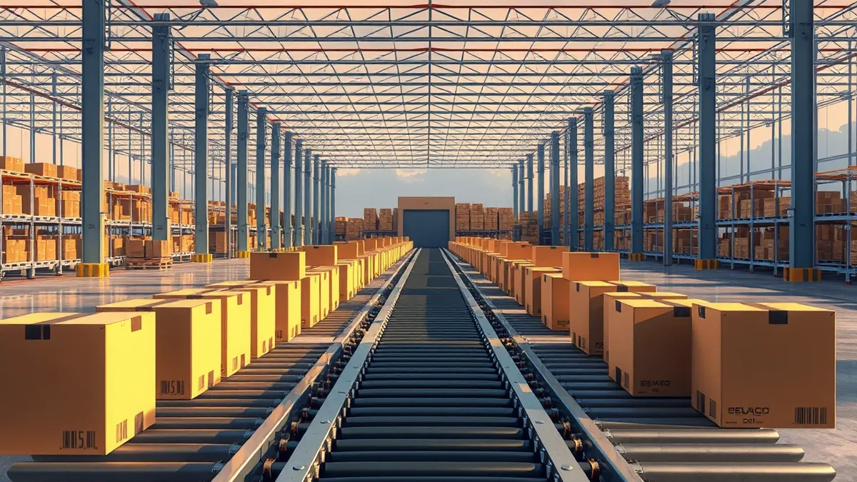 Illustration: Rows of identical cardboard boxes sit on a long conveyor belt in a vast warehouse, moving steadily toward a loading dock.
