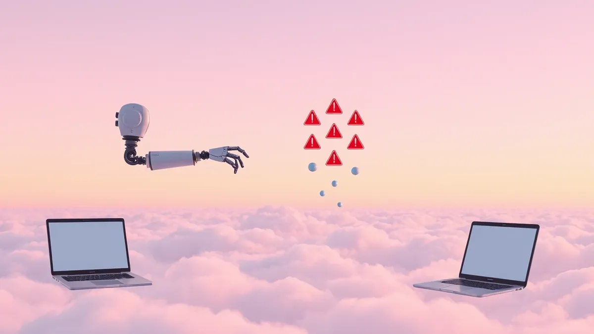 Illustration: A floating artificial intelligence agent examines a cluster of glowing red warning icons hovering above a generic cloud formation.