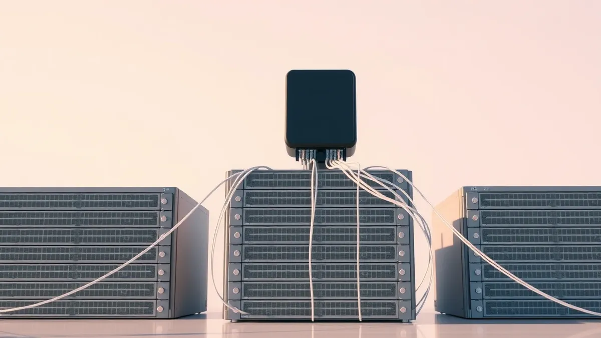 Illustration: A sleek black rectangular sensor device sits atop a stack of blank gray server blades.
