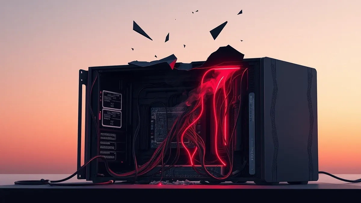 Illustration: A cracked server chassis lid reveals tangled wires and a smoking circuit board inside.