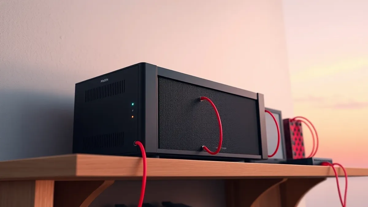 Illustration: A sleek black media server sits on a wooden shelf, its front panel glowing with soft blue lights.