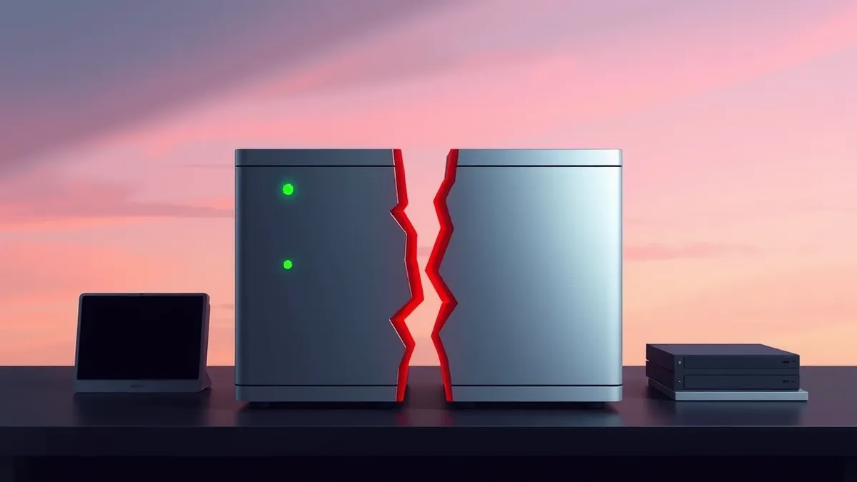 Illustration: A sleek silver database server sits on a dark desk, its front panel featuring a single blinking green LED light.