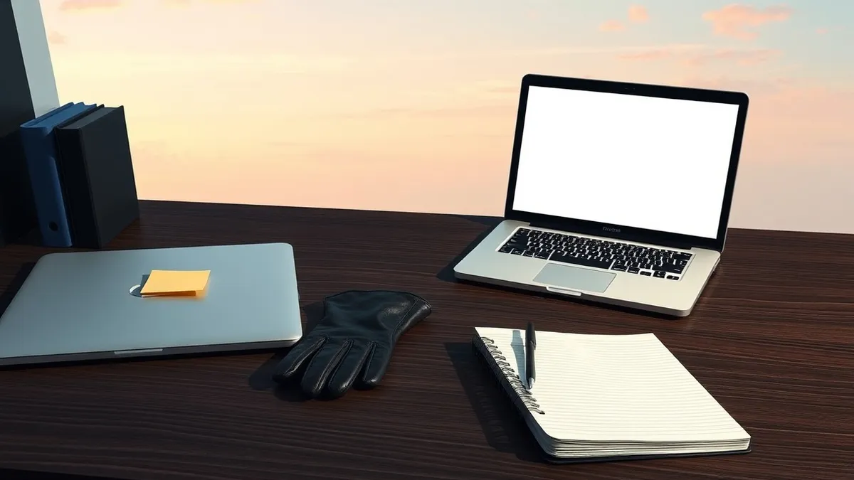 Illustration: A dark office desk holds an open laptop with a blank, glowing screen.
