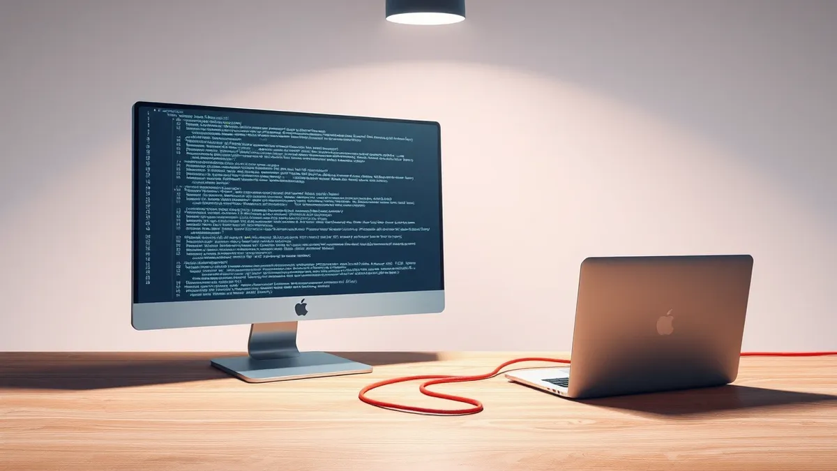 Illustration: A sleek modern desktop monitor displays lines of tangled computer code on its screen.