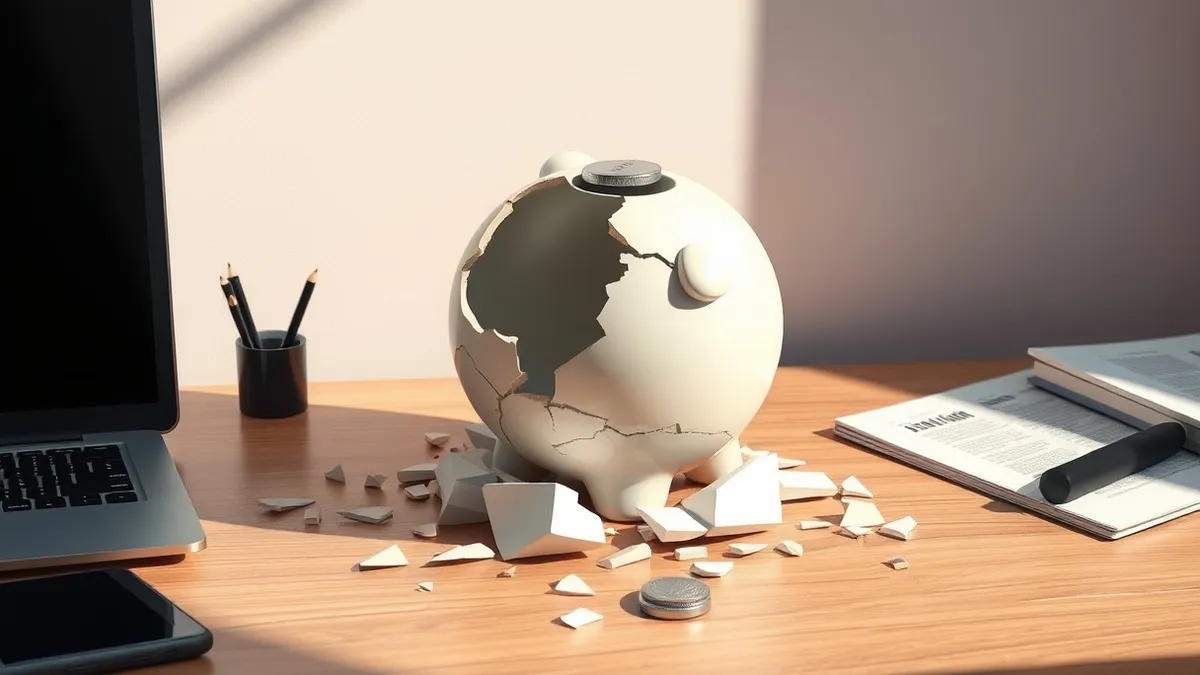 Illustration: A cracked ceramic piggy bank sits on a wooden desk, its lid askew and missing.