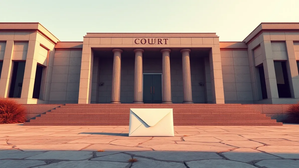 Illustration: A stark, modern courthouse entrance stands empty with its heavy doors firmly locked.