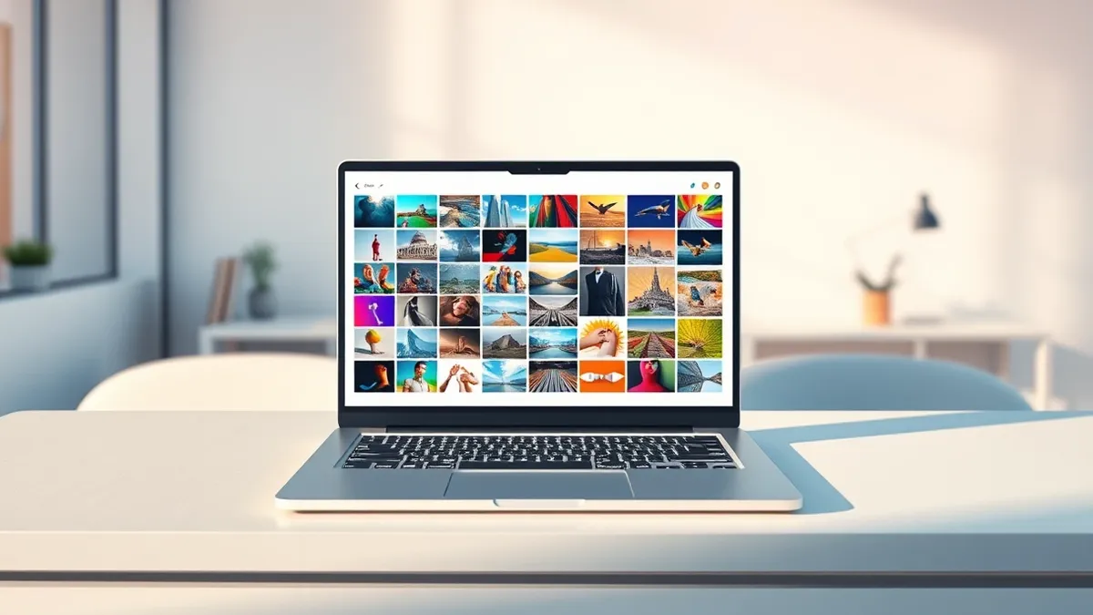 Illustration: A sleek silver laptop sits open on a matte desk, its screen displaying a vibrant grid of colorful abstract image thumbnails arranged in neat rows.