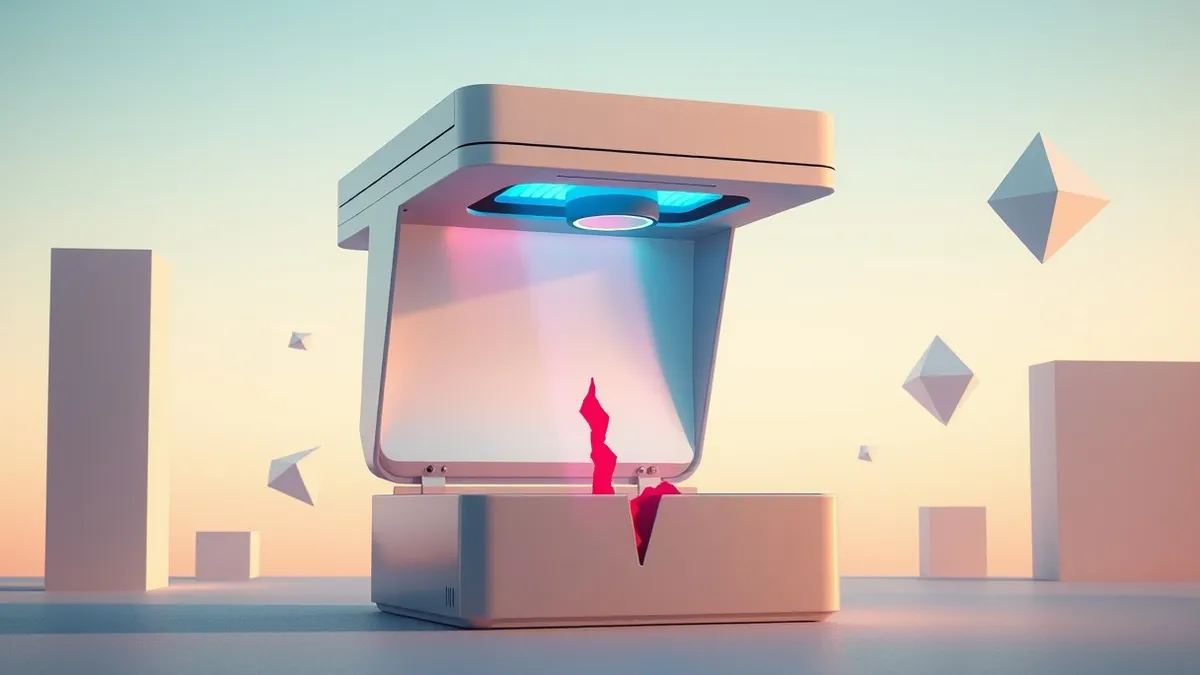 Illustration: A sleek, minimalist scanner device hovers over an open, metallic code repository box.