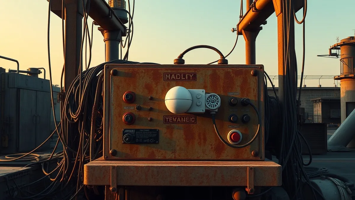 Illustration: A rusted industrial control panel sits in a dim factory, surrounded by tangled analog wires.