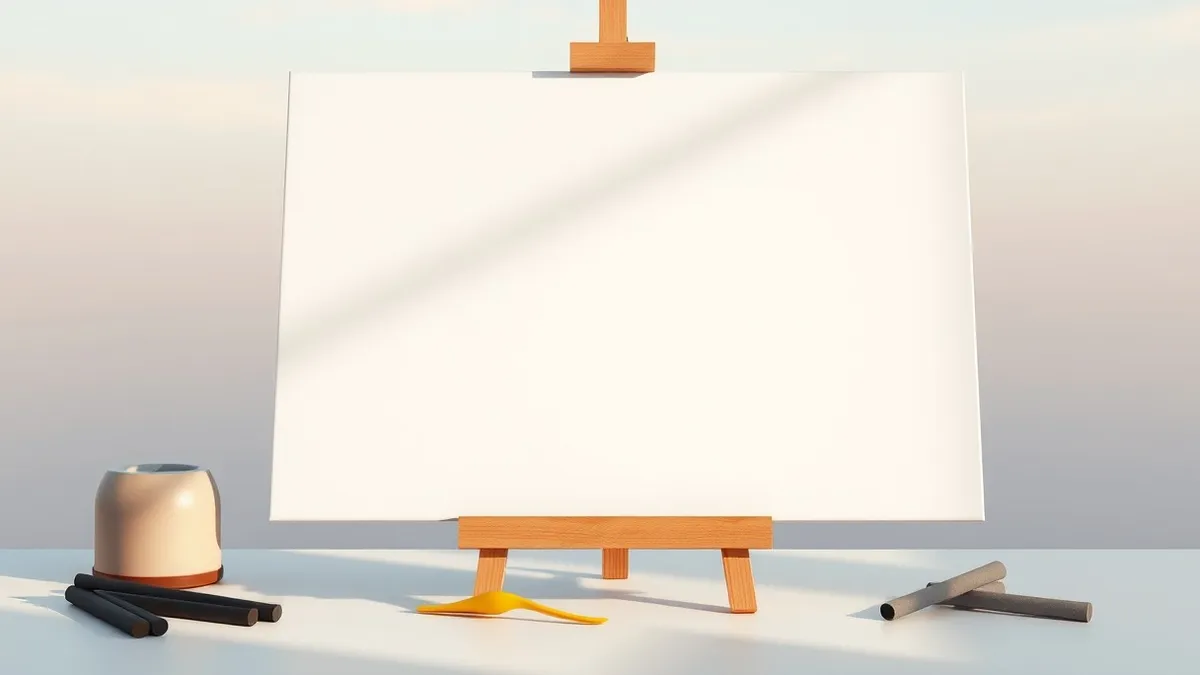Illustration: A blank canvas rests on a wooden easel beside a small, yellow plastic spork and scattered charcoal sticks.