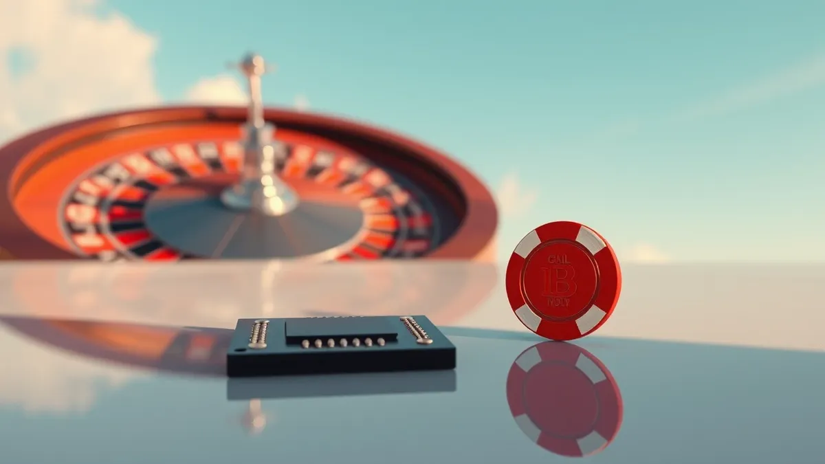 Illustration: A sleek semiconductor chip sits beside a single red casino chip on a polished table.