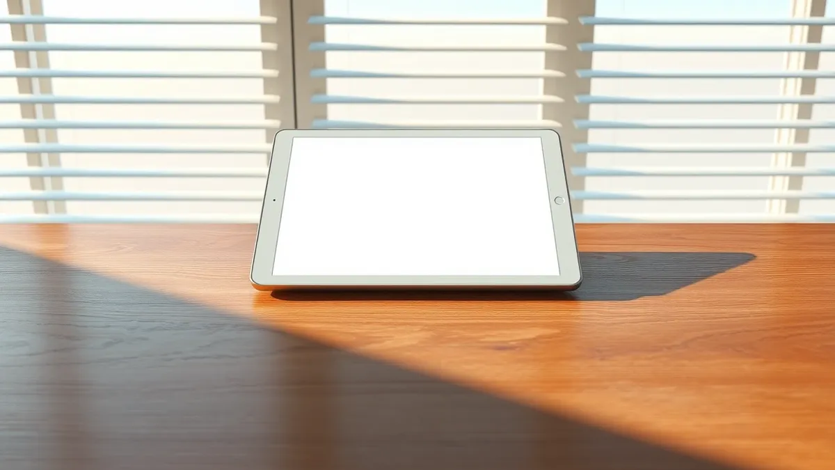 Illustration: A sleek white tablet rests on a polished wooden desk, displaying a blank digital interface with abstract geometric shapes.
