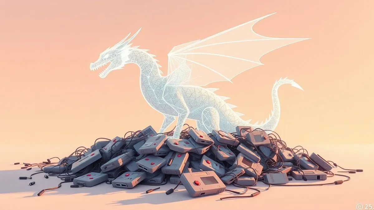 Illustration: A glowing white geometric dragon hovers above a scattered pile of disassembled game cartridges and tangled wires.