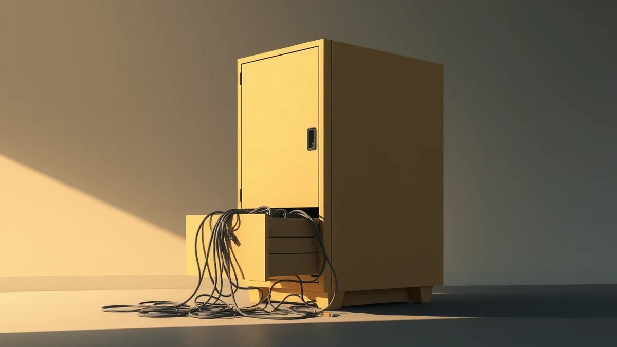Illustration: A beige server cabinet sits in a dim room.