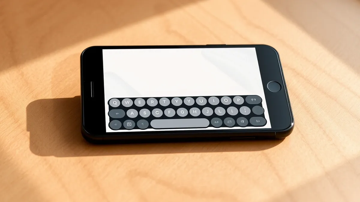 Illustration: A sleek black smartphone rests on a wooden surface, its screen displaying a blank virtual keyboard with smooth, rounded gray keys.