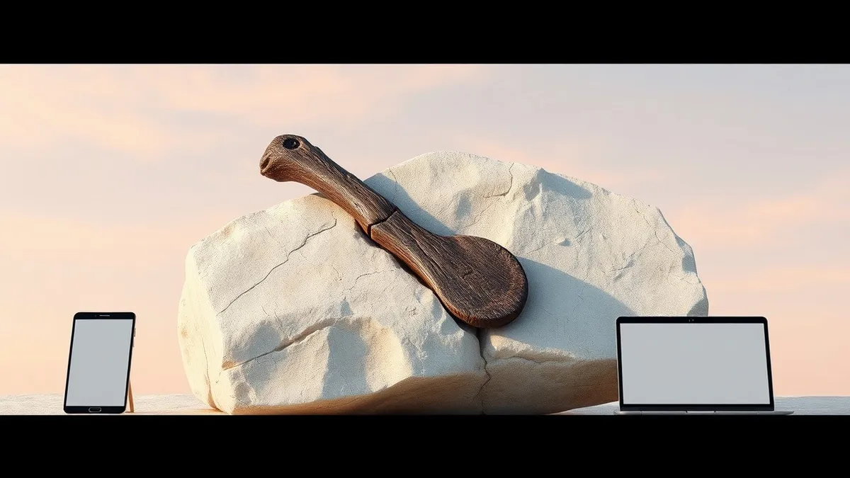 Illustration: A rough wooden tool lies embedded within a block of light-colored limestone.