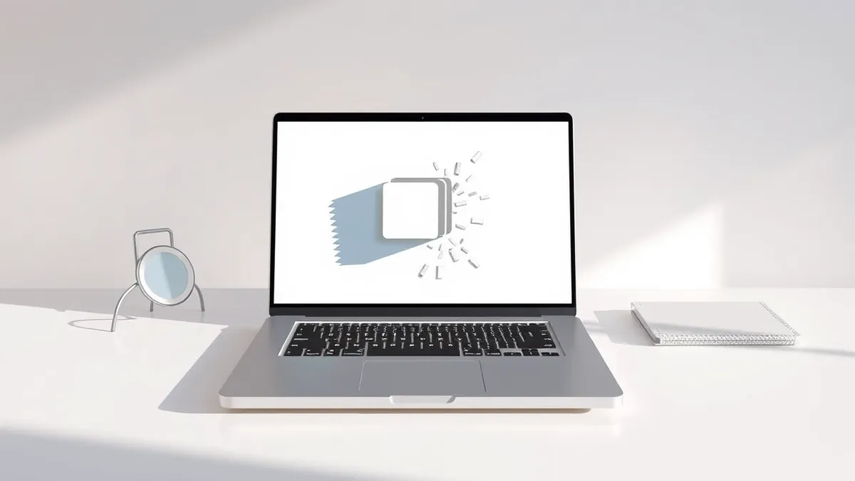 Illustration: A sleek silver laptop sits on a clean white desk, its screen displaying a single, fragmented geometric shape that appears to spill over the edges of a rigid digital c