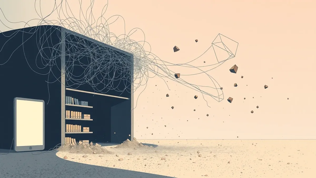 Illustration: A tangled web of invisible threads pulls away from a dark, shadowy digital storefront.