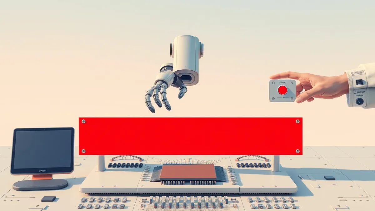 Illustration: A sleek, silver autonomous robot arm hovers motionless above a complex circuit board.