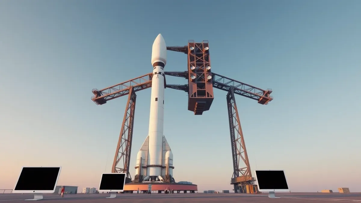 Illustration: A massive white rocket booster ascends vertically while two giant steel landing arms swing forward to grasp its base, simultaneously capturing the larger upper stage