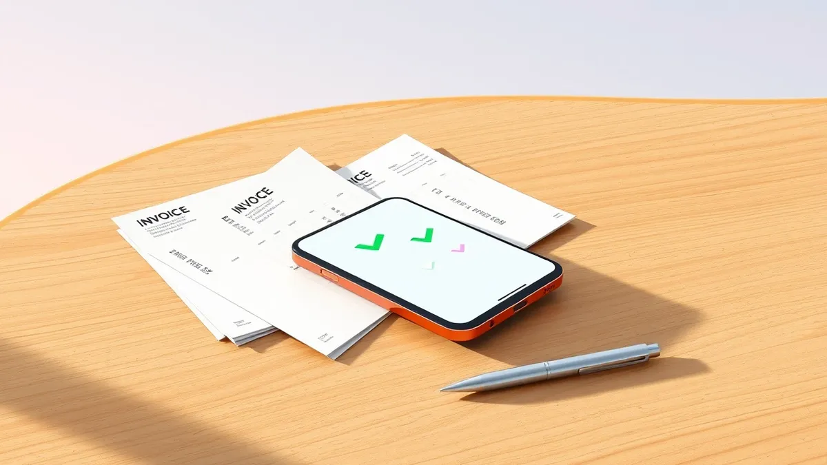 Illustration: A sleek smartphone rests on a polished wooden table beside a stack of blank white invoices and a silver pen.