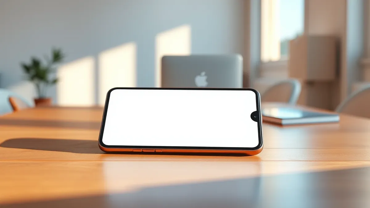 Illustration: A smartphone rests on a wooden table.