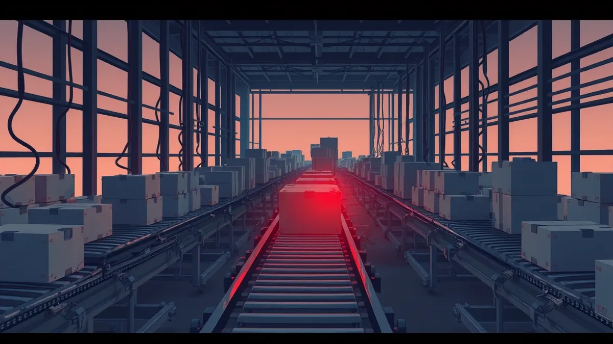 Illustration: A tangled industrial assembly line with conveyor belts transporting sealed metal boxes moves through a shadowy warehouse.
